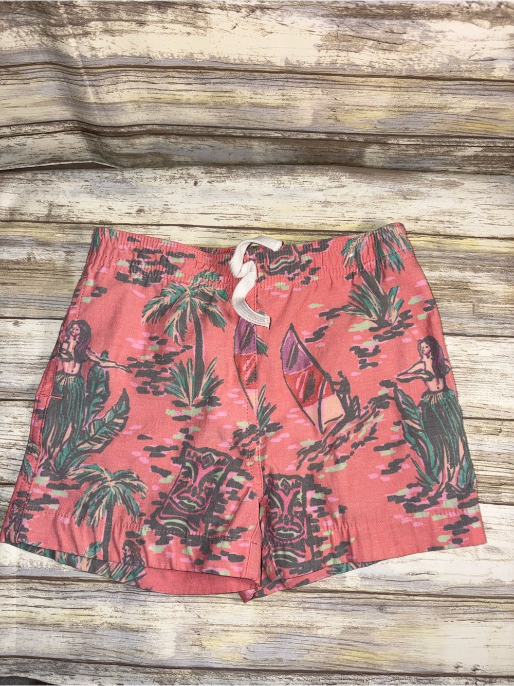 chubbies Coral Pink Hula & Palm Kids Swim Trunks